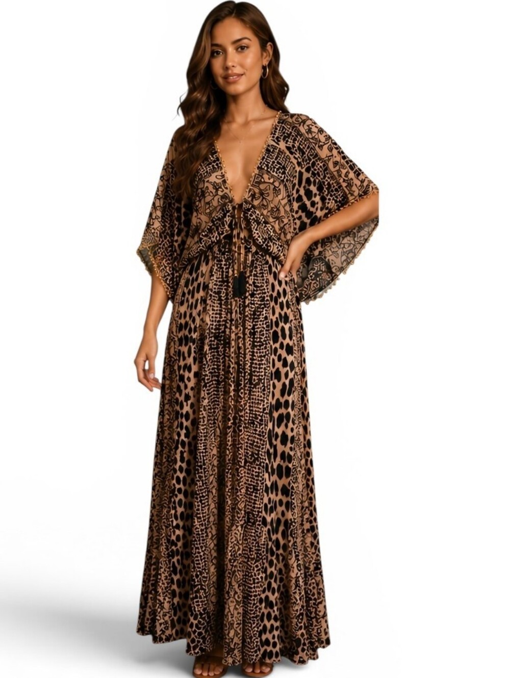 Z&L Made With Love Boho Animal Print Beaded Caftan Maxi Dress M